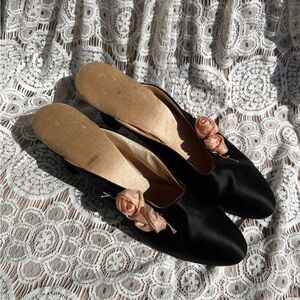 1920’s Daniel Green Black Satin Slip-On Heels with Peach Rose Accent
